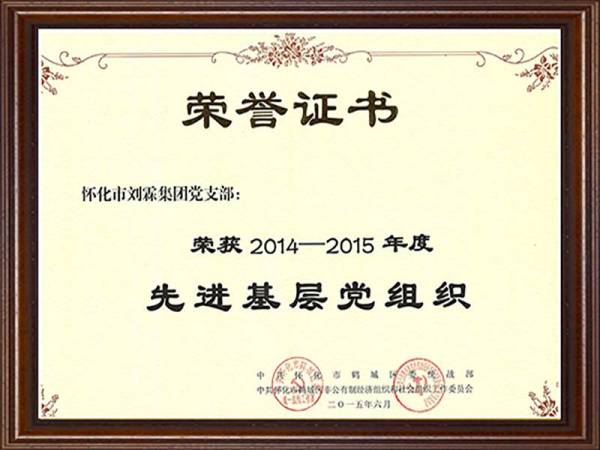 2014-2015先进党支部荣誉证书